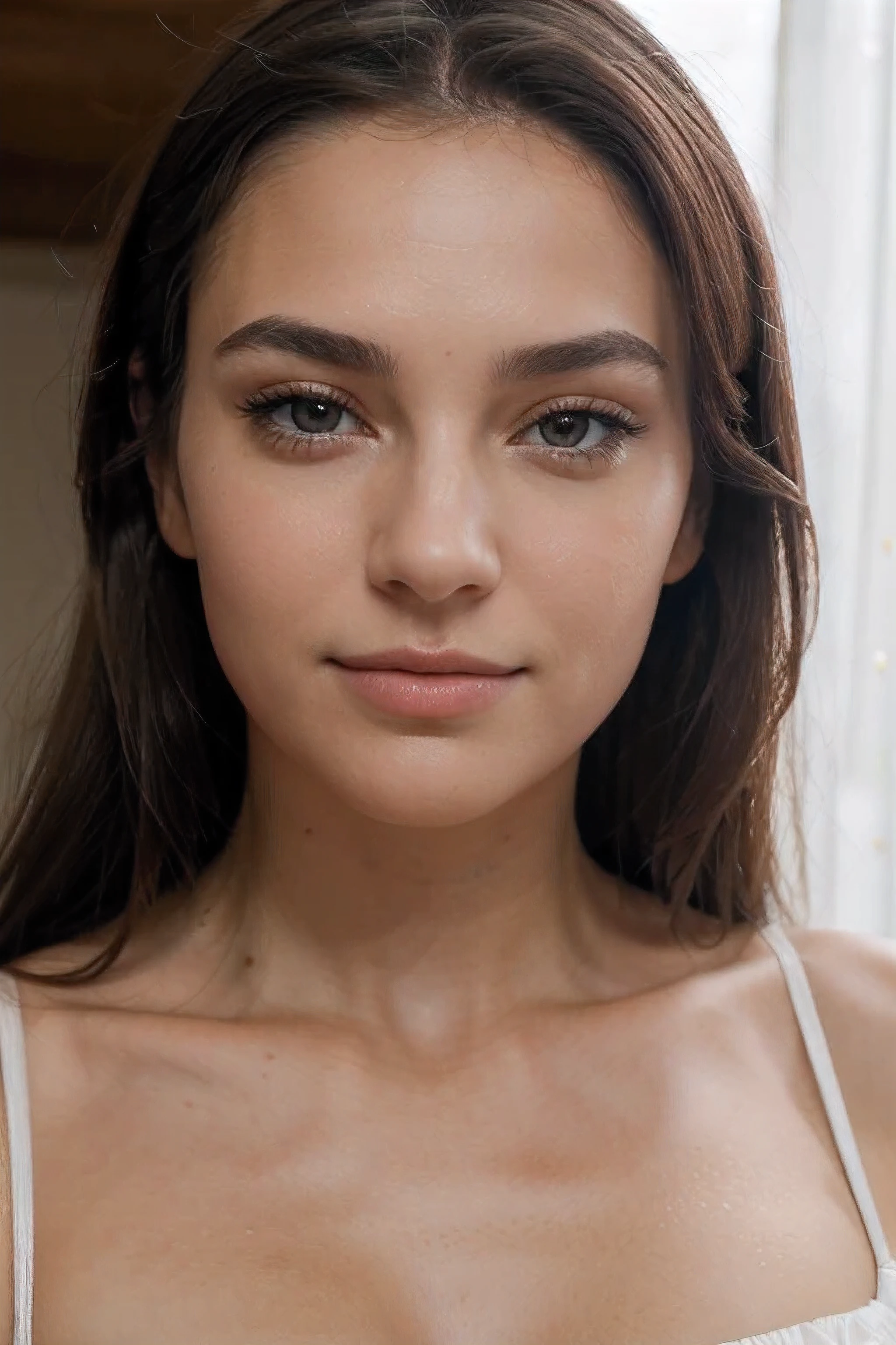 Crée une image ultra-réaliste d'une jeune fille âgée de 18 à 20 ans. She has dark brown hair, coupés au carré, avec une frange droite tombant juste au-dessus de ses sourcils. Ses cheveux sont lisses et bien entretenus, with a slight natural shine. Son visage est de forme ovale, with fair, slightly dewy skin, sans imperfections visibles.
Ses yeux sont grands et expressifs, dark brown in color, avec des cils longs et légèrement recourbés. His eyebrows are well defined, of average thickness, et légèrement arqués pour encadrer son regard. Son nez est droit et proportionné, with discreet nostrils.
Her lips are full and well defined, with a natural pinkish tint. She has a slight dimple on her chin and slightly high cheekbones which add definition to her face. Ses oreilles sont de taille moyenne, well placed and discreet.
She wears light and natural makeup : un soupçon de mascara pour accentuer ses cils, un peu de blush pour rehausser ses pommettes, et un gloss transparent sur les lèvres pour une touche de brillance. Son expression est douce et bienveillante, avec un léger sourire qui illumine son visage.
La qualité de l'image doit être élevée, with precise details and realistic skin texture. Les ombres et lumières doivent être soigneusement placées pour donner de la profondeur et du réalisme à l'ensemble du visage.