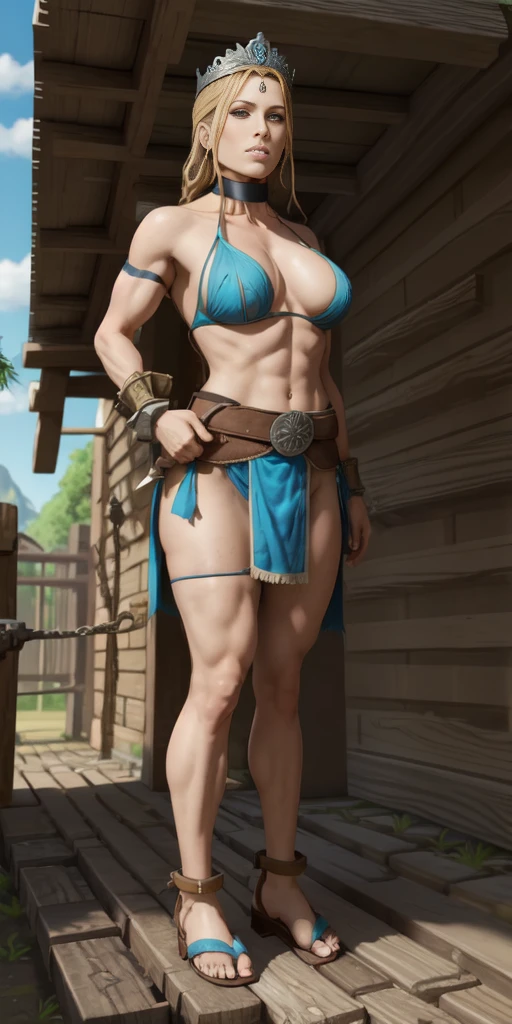 full body, whole body. loincloth standing, hands on hips full body, 1solo (girl). slave fighter, metal sandals, choker, big belt, view from below, feet together, bracers, tiara