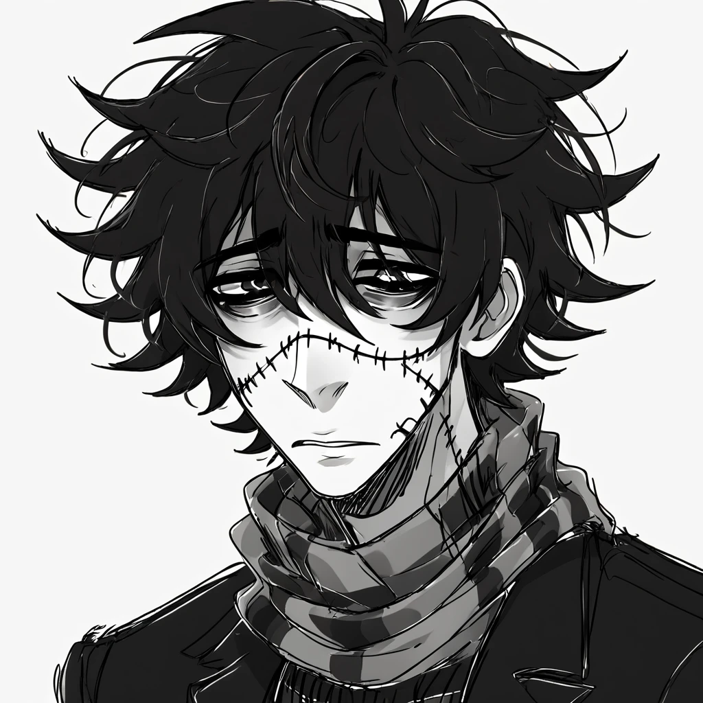 1man,mature male,  stitches, scarf,  coat, halfbody, grunge, sketchy lines, messy hair, black pupils, black hair, greyscale, sad