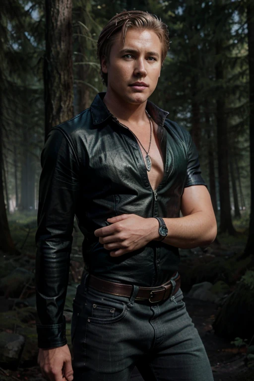 Lochlyn Munro, Scott Stubbs, Teen Wolf, 18 years old, short messy blonde hair, green eyes, gray shirt with black collar, leather belt, dark black jeans, silver moon pendant, black jeans, black misty forest background .