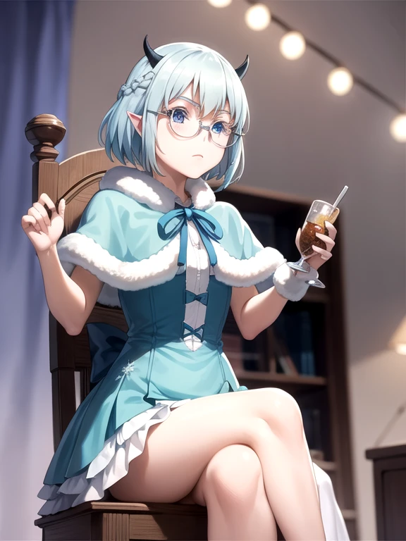 best quality, masterpiece, detailed, Crocell Kerori, closed mouth, serious, light blue hair, short hair, blue eyes, horns, round eyewear, french braid, pointy ears, KeroriFestivalDress, blue dress, blue capelet, fur trim, ribbon, sitting, looking at the viewer, crossed legs, low angle, night, throne, ice, snow, snowflakes, frost