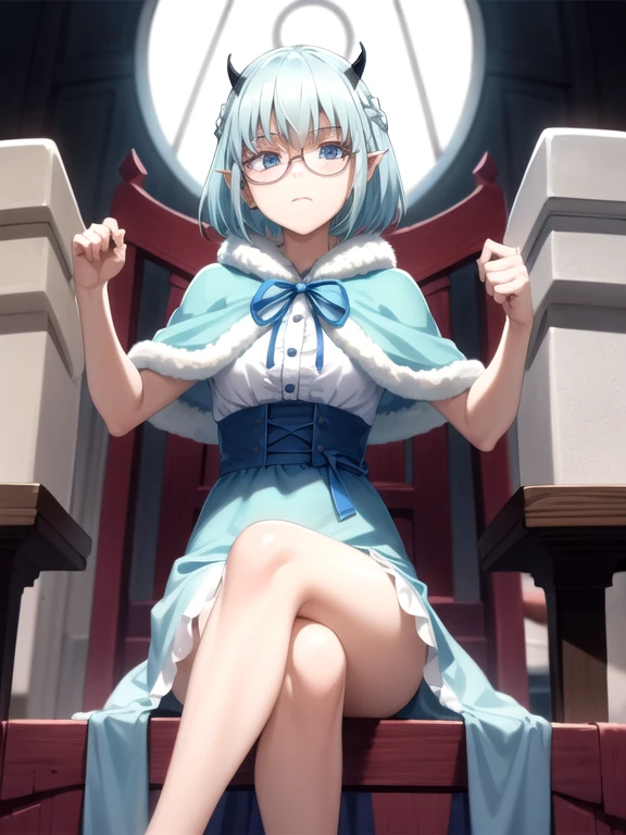 best quality, masterpiece, detailed, Crocell Kerori, closed mouth, serious, light blue hair, short hair, blue eyes, horns, round eyewear, french braid, pointy ears, KeroriFestivalDress, blue dress, blue capelet, fur trim, ribbon, sitting, looking at the viewer, crossed legs, low angle, night, throne, ice, snow, snowflakes, frost