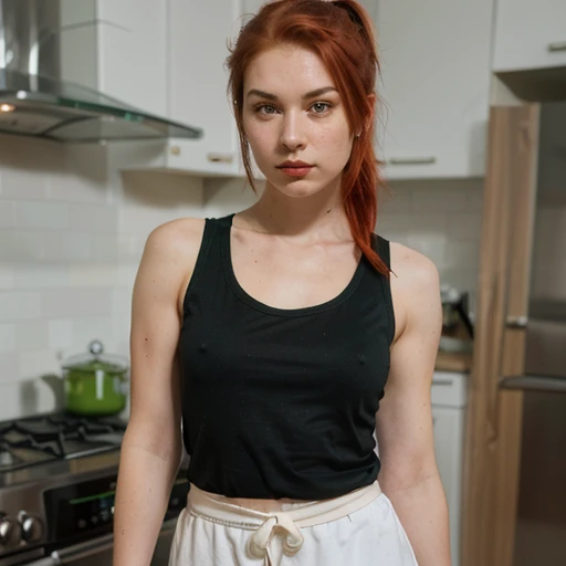(There is a girl) (best quality), ((detailed)),(masterpiece), ((perfect face), (skinny) (18 year old), skinny legs, skinny thighs, thin waist,)), ((red hair)), (green eyes), (ponytail top), freckles, build, red lips), (serious face), ((akali cosplay)), ((Tank top)), ((((full body)))), (kitchen), (front view)