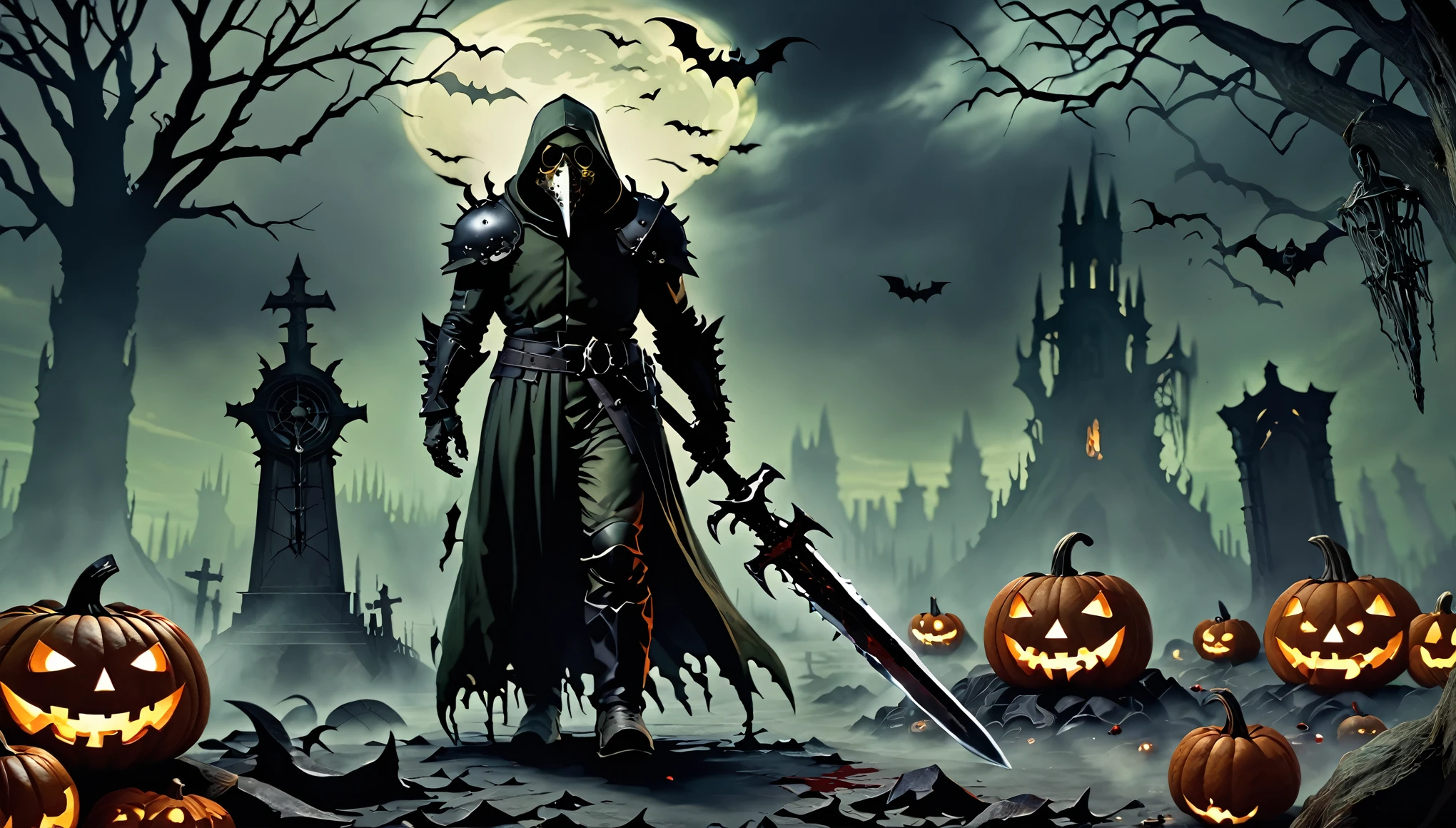 plague doctor, carrying longsword, dark soul reference, doom videogame reference, blood, alone, dark fantaisy, halloween pumpkin