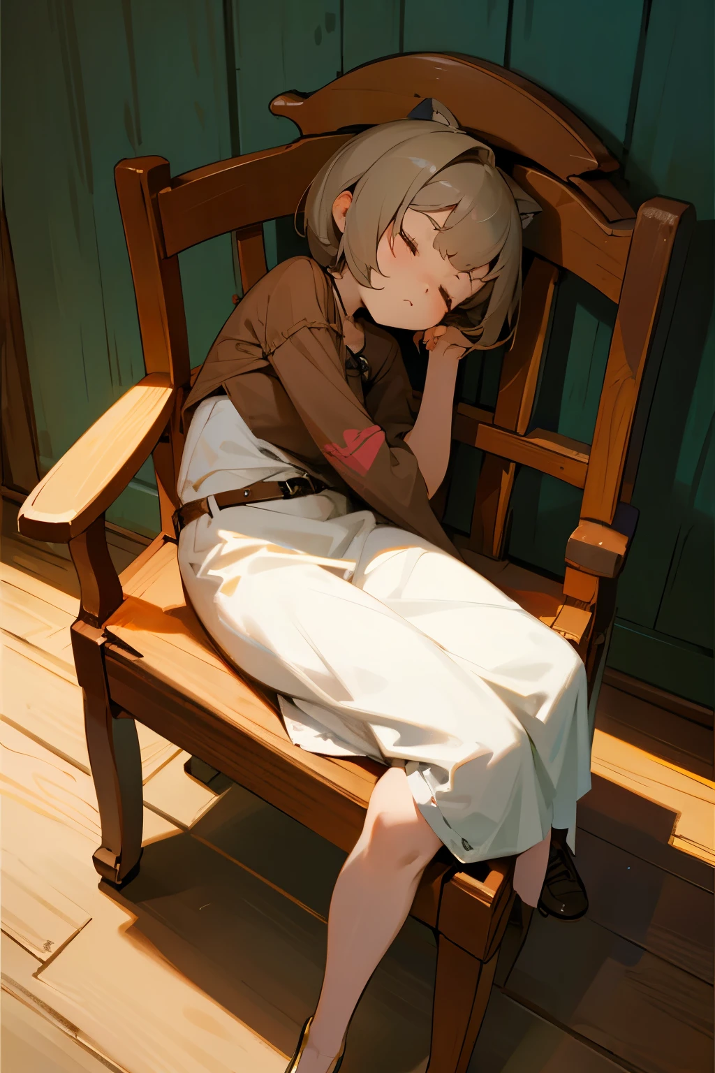 A little dog girl sleeps on a wooden chair.