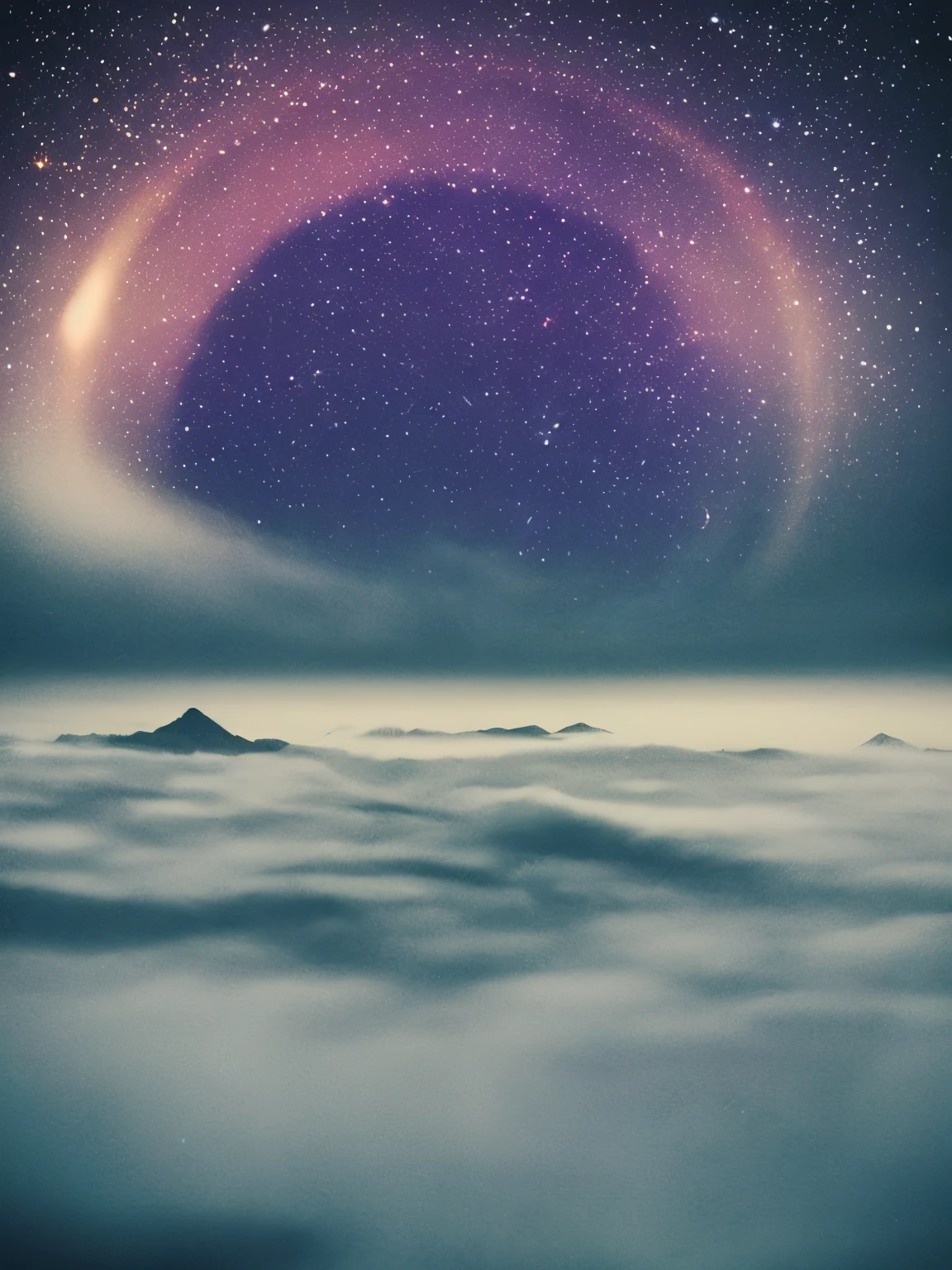 a view of a night sky with a crescent above the clouds, extremely beautiful and ethereal, fog and starry skies, glowing clouds, dreamy night, colorful night sky, beautiful night sky, foggy night sky, glowing colorful fog, very magical and dreamy, incredibly ethereal, ✨🕌🌙, dreamy sequence, beautiful and mysterious, stars and moons in the sky, detailed dreamscape