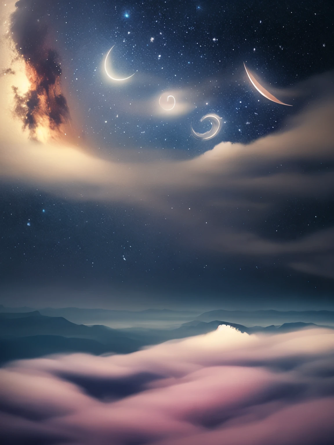 a view of a night sky with a crescent above the clouds, a matte painting by Shi Rui, flickr, space art, extremely beautiful and ethereal, fog and starry skies, glowing clouds, dreamy night, colorful night sky, beautiful night sky, foggy night sky, glowing colorful fog, incredibly ethereal, very magical and dreamy, ✨🕌🌙, dreamy sequence