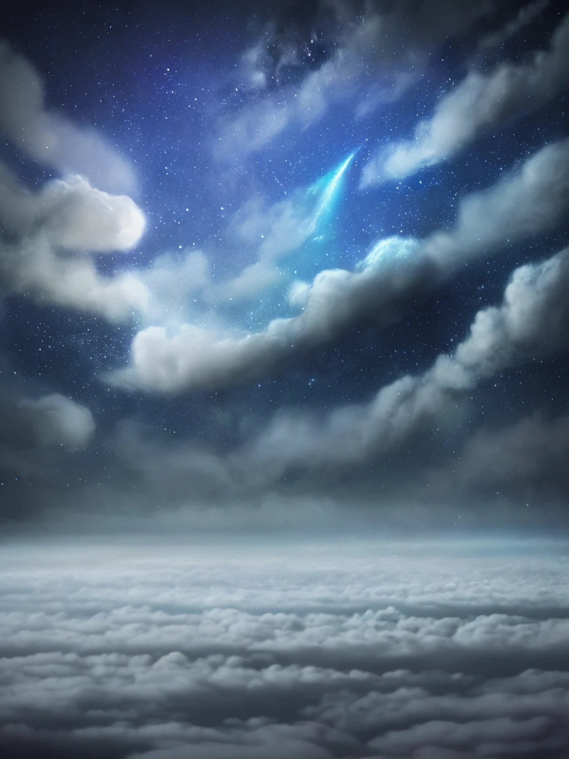 a view of a night sky with a crescent above the clouds, a matte painting by Shi Rui, flickr, space art, extremely beautiful and ethereal, fog and starry skies, glowing clouds, dreamy night, colorful night sky, beautiful night sky, foggy night sky, glowing colorful fog, incredibly ethereal, very magical and dreamy, ✨🕌🌙, dreamy sequence
