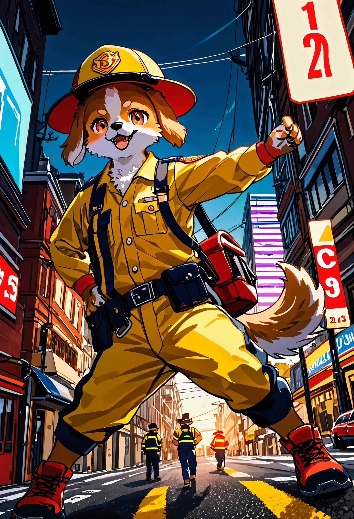 top quality, best quality, highres, masterpiece, super high resolution, detailed background, street, gasping for air(1boy, dog)Firefighter, A calendar, absurdres, perfect anatomy, good lighting, volumetric lighting, cinematic shadow(kemono, furry anthro),