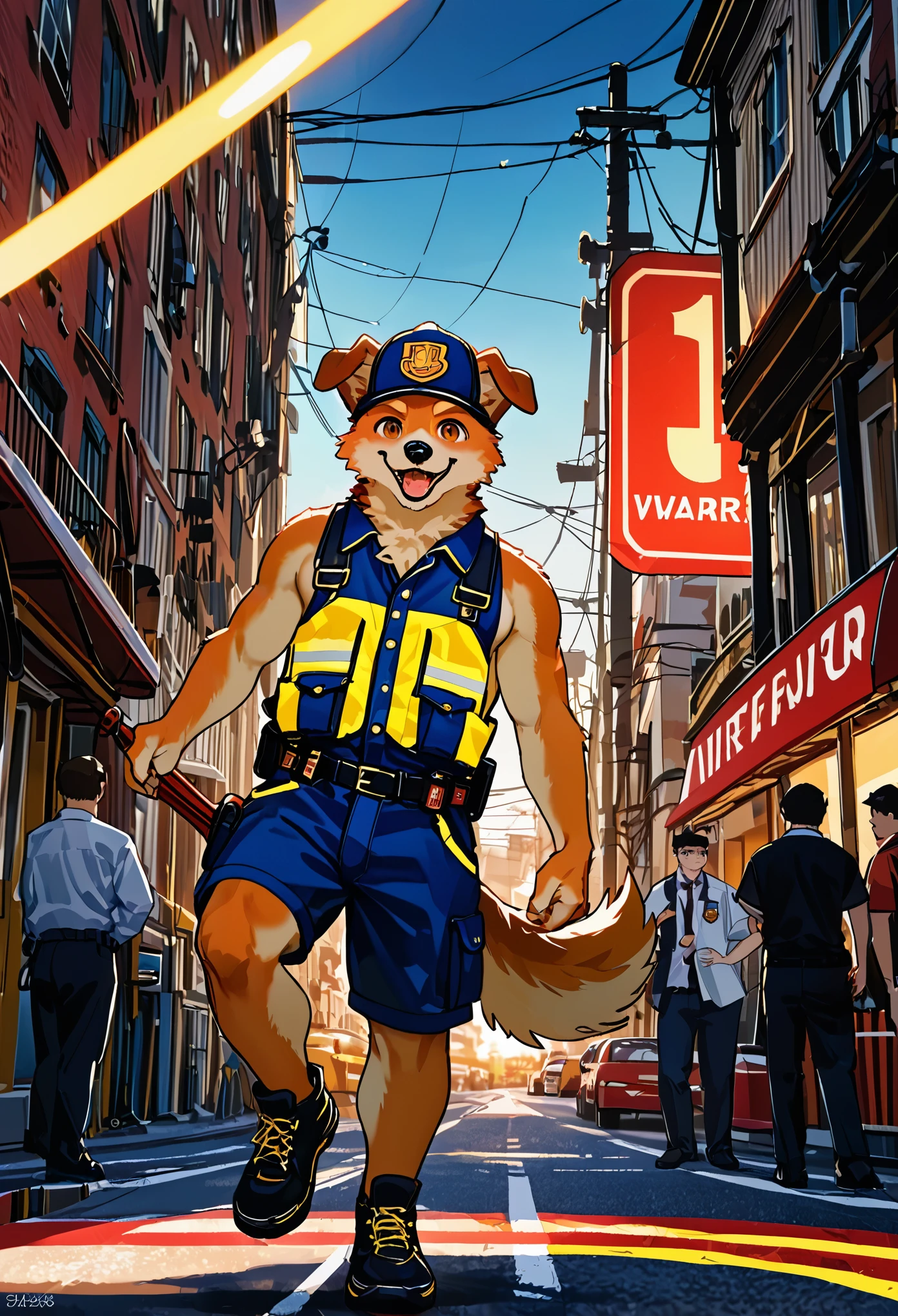 top quality, best quality, highres, masterpiece, super high resolution, detailed background, street, gasping for air(1boy, dog)Firefighter, A calendar, absurdres, perfect anatomy, good lighting, volumetric lighting, cinematic shadow(kemono, furry anthro),
