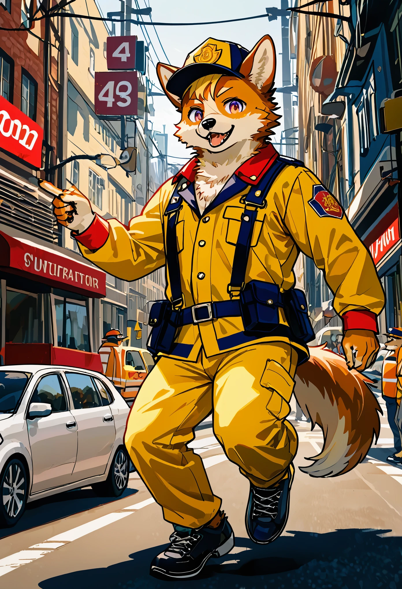 top quality, best quality, highres, masterpiece, super high resolution, detailed background, street, gasping for air(1boy, dog)Firefighter, A calendar, absurdres, perfect anatomy, good lighting, volumetric lighting, cinematic shadow(kemono, furry anthro),