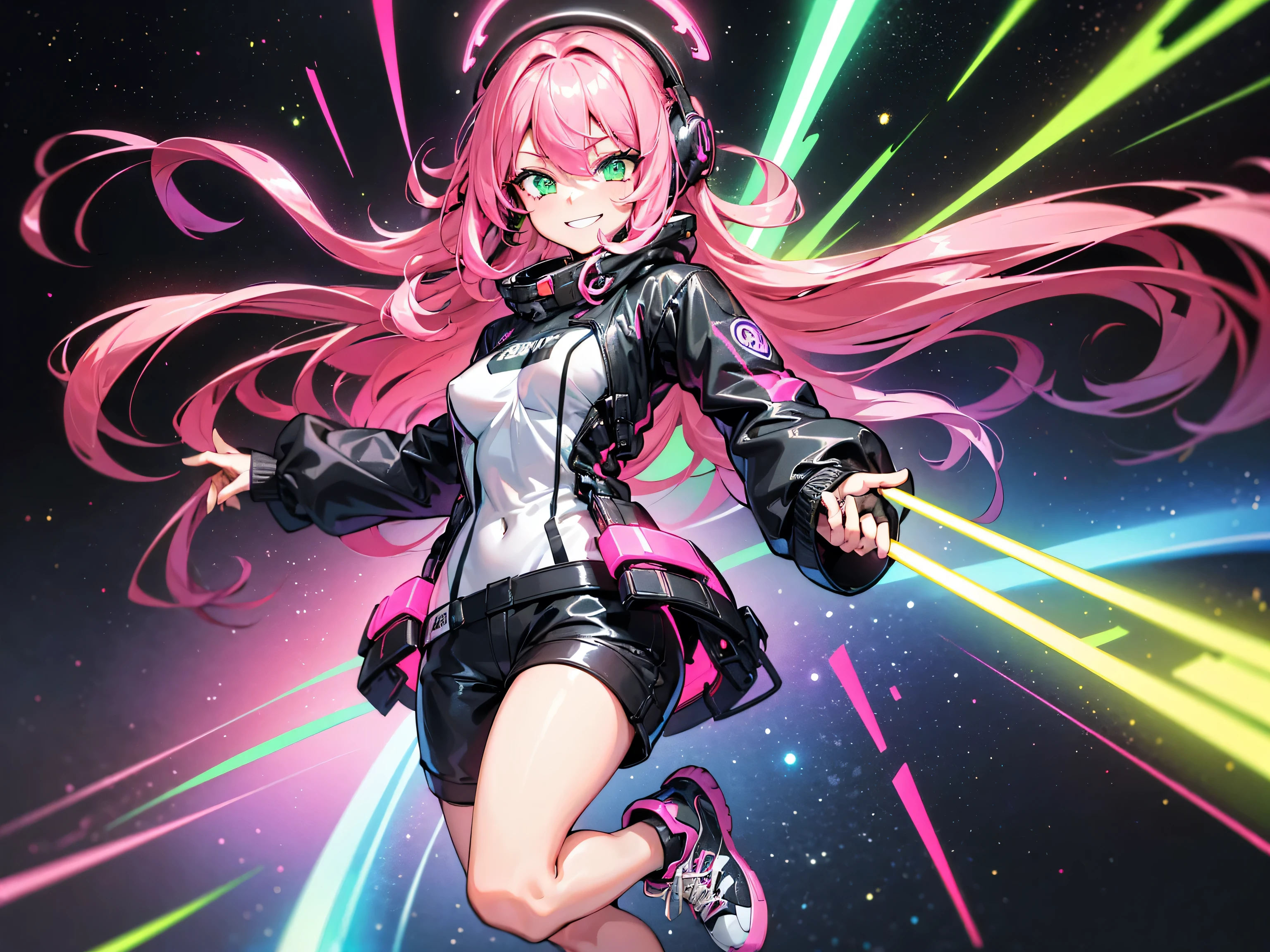 masterpiece:1.4, 1girl ((20year old, dressed in long sleeve shirt, tight black shorts, sneakers, medium breasts, multicolor pink hair, curly long hair, green eyes:1.4, Wearing headphones, happy, smiling, close up, floating in outer space:1.1 galaxy and earth in background:1.1, neon and energetic atmosphere:1.2)) ((nighttime)) ((solo:1.6))