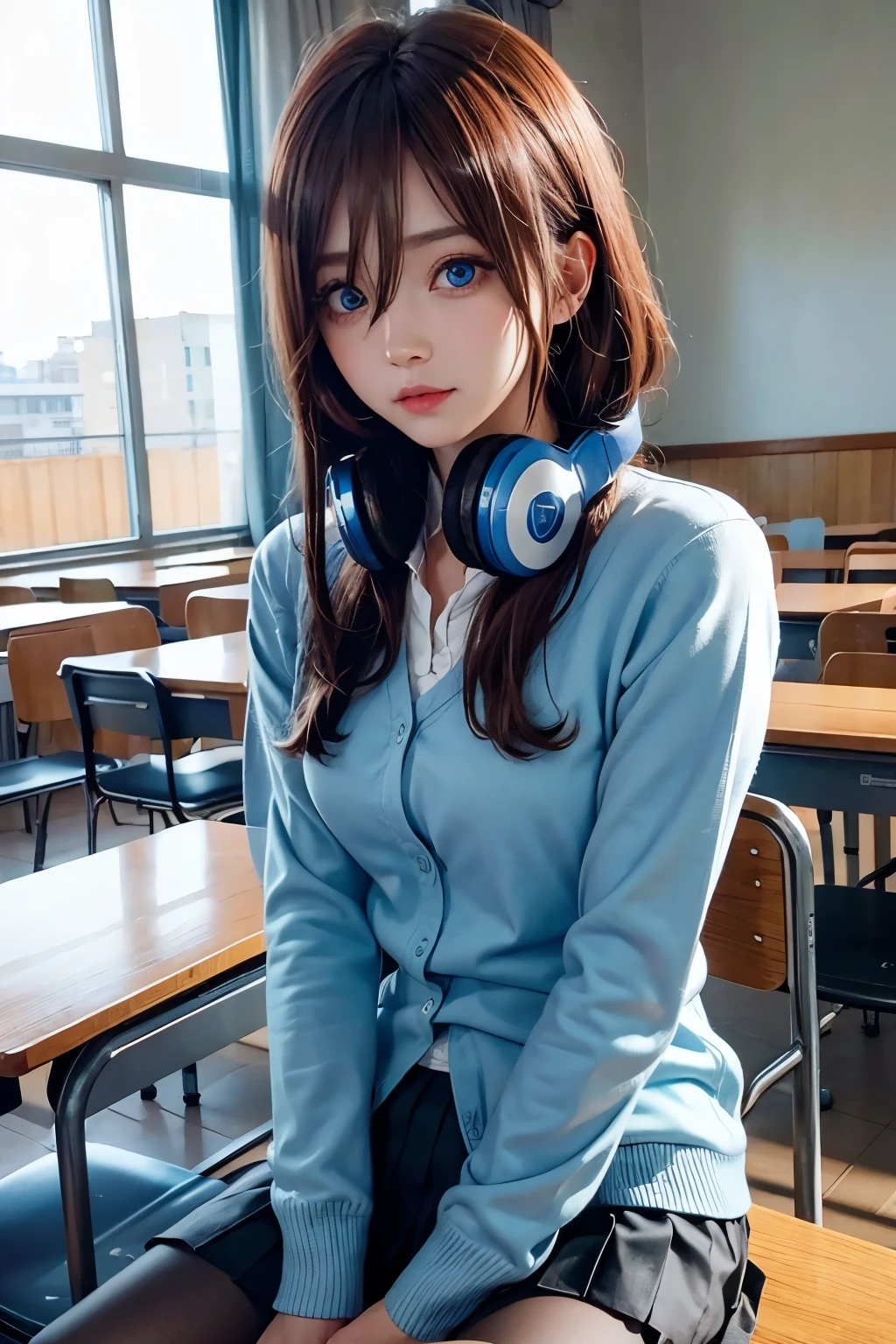 mikunakano, miku nakano, long hair, bangs, blue eyes, brown hair, shirt, hair between eyes, headphones, cardigan, headphones around neck,
BREAK skirt, shirt, long sleeves, white shirt, pantyhose, pleated skirt, black pantyhose, cardigan, green skirt, blue cardigan,
BREAK indoors, classroom,
BREAK looking at viewer, BREAK (masterpiece:1.2), best quality, high resolution, unity 8k wallpaper, (illustration:0.8), (beautiful detailed eyes:1.6), extremely detailed face, perfect lighting, extremely detailed CG, (perfect hands, perfect anatomy),
