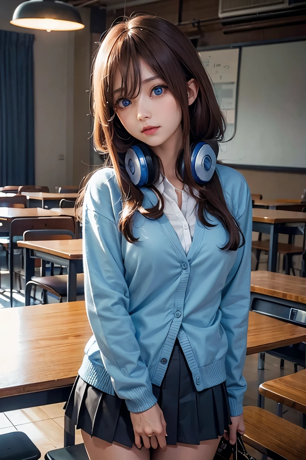 headphones, nakano miku, skirt, 1girl, pantyhose, headphones around neck, classroom, cardigan, breasts, blurry, blue eyes, long sleeves, large breasts, hair between eyes, blurry background, looking at viewer, bangs, pleated skirt, long hair, desk, blush, closed mouth, chalkboard, brown hair, indoors, solo, depth of field, school uniform, shirt, school desk, buttons, white shirt, blue skirt, black legwear, standing