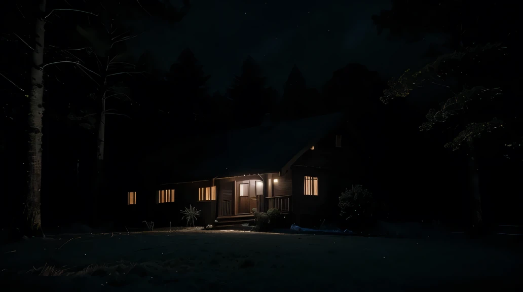 a lonely house in campos do jordão at night, surrounded by tall trees, soft external lighting illuminating the house, car parked in front, starry sky in background, highly detailed, photorealistic, 8k, hyperdetailed, chiaroscuro lighting, moody atmosphere, cinematic composition