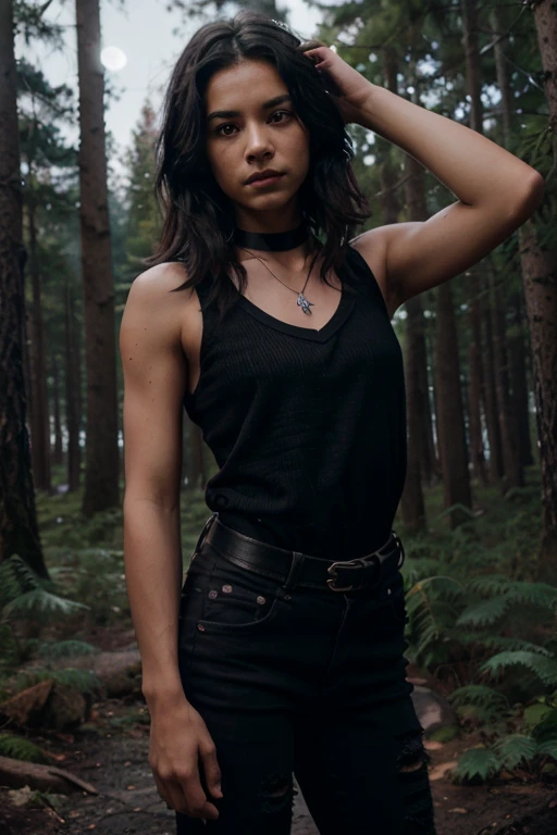 Chai Romruen, Zac Blakely, Teen Wolf, 18 years old, short messy black hair, brown eyes, black sleeveless shirt with black collar, leather belt, dark black jeans, silver moon pendant, black jeans, black misty forest background .