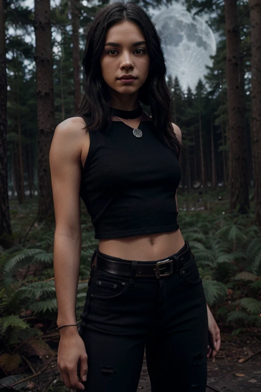 Chai Romruen, Zac Blakely, Teen Wolf, 18 years old, short messy black hair, brown eyes, black sleeveless shirt with black collar, leather belt, dark black jeans, silver moon pendant, black jeans, black misty forest background .