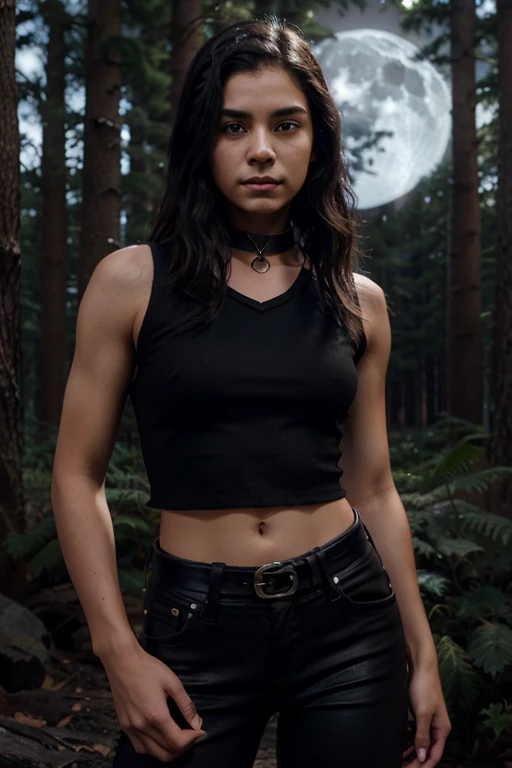 Chai Romruen, Zac Blakely, Wolf, 18 years old, short messy black hair, brown eyes, black sleeveless shirt with black collar, leather belt, dark black jeans, silver moon pendant, black jeans, black misty forest background .