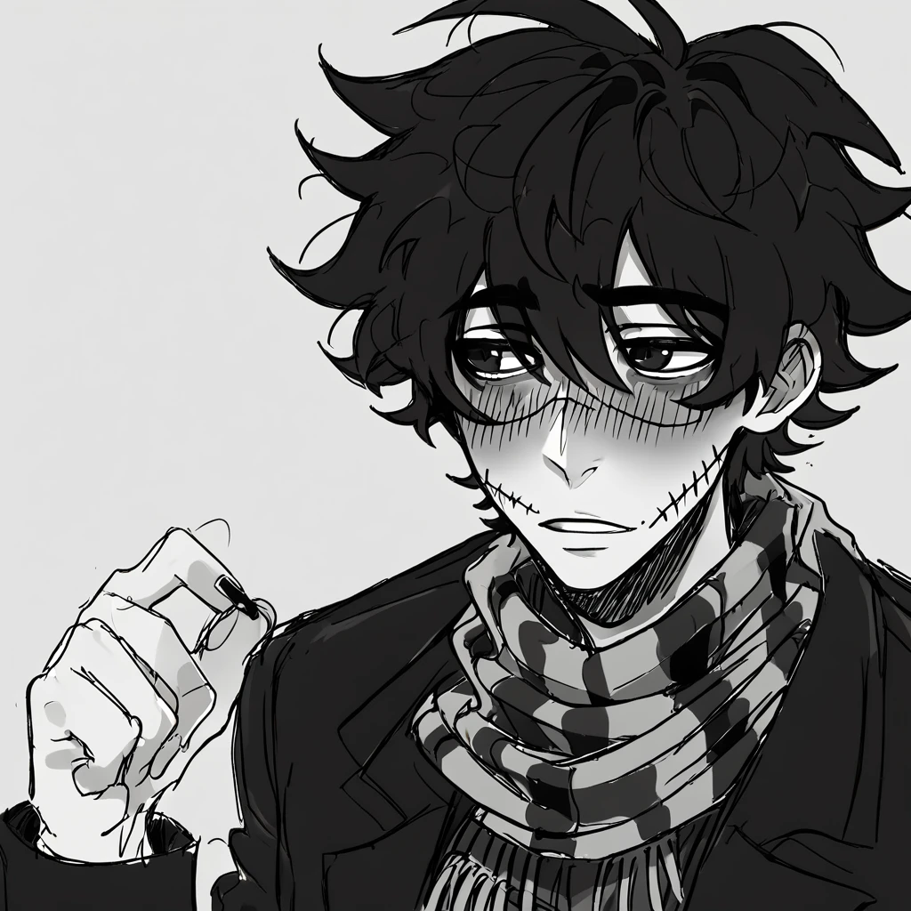 1man,mature male,  stitches, scarf,  coat, halfbody, grunge, sketchy lines, messy hair, black pupils, black hair, greyscale, blush, looking to the side