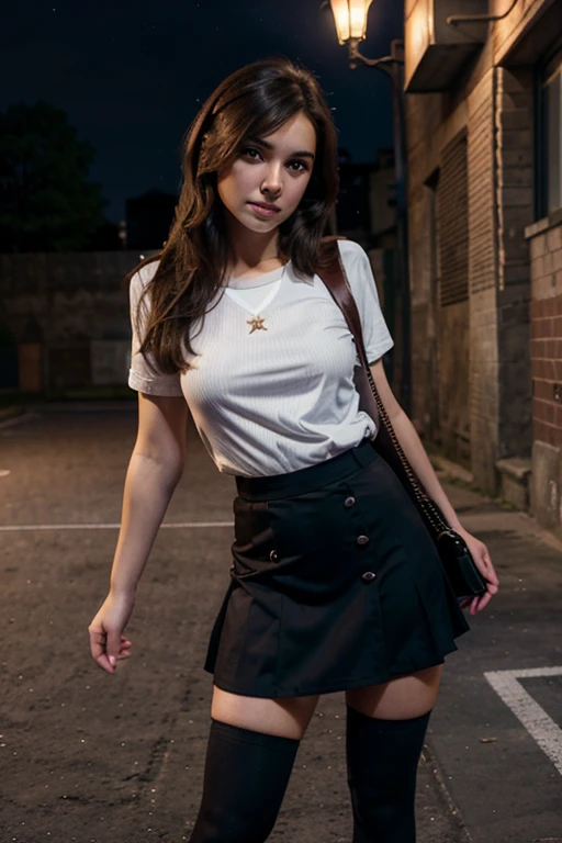 NFV, Very very very sexy girl, brunette hair, hairstyle with parting, 18 years, Tedious , holding a school bag, School skirt, knee high stockings, night atmosphere, outside, the stars show, Background of the basketball court, standing under a street lamp,