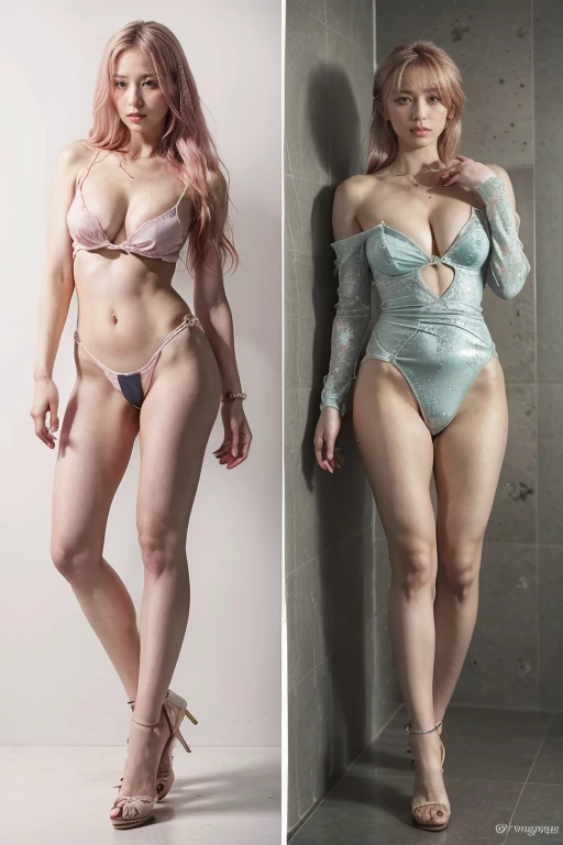 (photo:1.6)、Inspired by Tokyo、Tense atmosphere、Dramatic、(Original Photography、8K、Masterpiece、high resolution、very complicated)、(Top quality)、(realistic:1.4)、(Full body female love:1.6)、Pink hair, blue eyes, Ambiguous style,Shower background,1 Girl, Flowing hair,Perfect body,Cleavage,Long legs,Sexy high heels