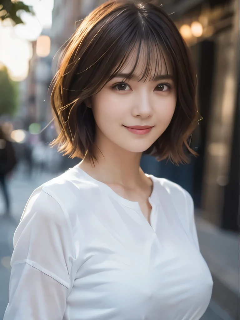 highest quality, Ultra-high resolution, (Realistic: 1.4), (highest quality, masterpiece:1.3, Ultra-high resolution), (Very detailed, Caustics, 8k), (Realistic:1.4, RAW shooting), (I'm looking at the camera with a smile on my face), Long sleeve blouse, big, Bust up shot, street, Face Focus, Natural light, Backlight, Lens flare, Professional Writing, beautiful Eyes, Super beautiful, Very short hair, beautiful, spouse, Rough Chest T-shirt, beautiful Soldier, Eyes that beckon, spouseの視点, Attractive look, Sexy smile, Perfect Style, Perfect balance, Detailed skin, Mischievous Gaze, I can see your chest