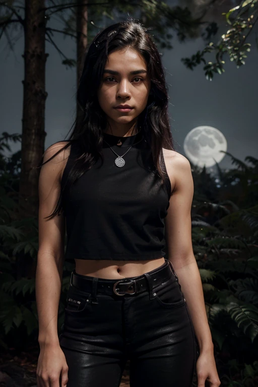 Chai Romruen, Zac Blakely, Teen Wolf, 18 years old, short messy black hair, brown eyes, black sleeveless shirt with black collar, leather belt, dark black jeans, silver moon pendant, black jeans, black misty forest background .