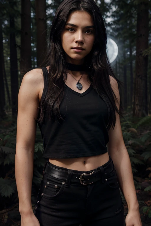 Chai Romruen, Zac Blakely, Wolf, 18 years old, short messy black hair, brown eyes, black sleeveless shirt with black collar, leather belt, dark black jeans, silver moon pendant, black jeans, black misty forest background .
