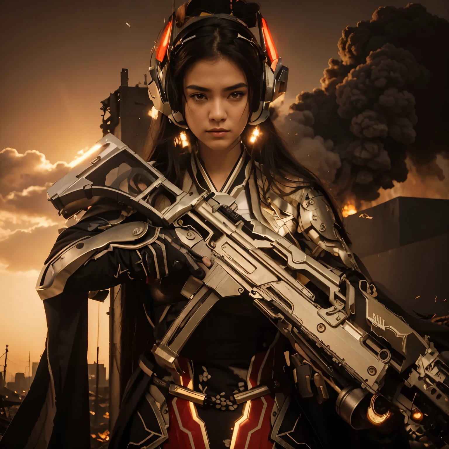linda mulher guerreira, cara japonesa, cabelo preto muito comprido, uses advanced headphones, Modern Japanese style cyborg heavy metal full armor, cor vermelha com detalhes brancos, segura um rifle lazer pesado, ammunition belts, capa bege, is in a completely destroyed Asian city, Fire and lots of smoke, beautiful sunset, 4k, ultra detalhado image, realista, altamente detalhado, perfect composition, splendid, intrinsecamente detalhado, Incrivelmente detalhado, 8k art photography, hiper detalhado, Obra de arte, ultra detalhado, hyperrealista, 4k , ultra detalhado image, realista, altamente detalhado, perfect composition, splendid, intrinsecamente detalhado, Incrivelmente detalhado, Fotografia de belas artes 8k, hiper detalhado, Obra de arte