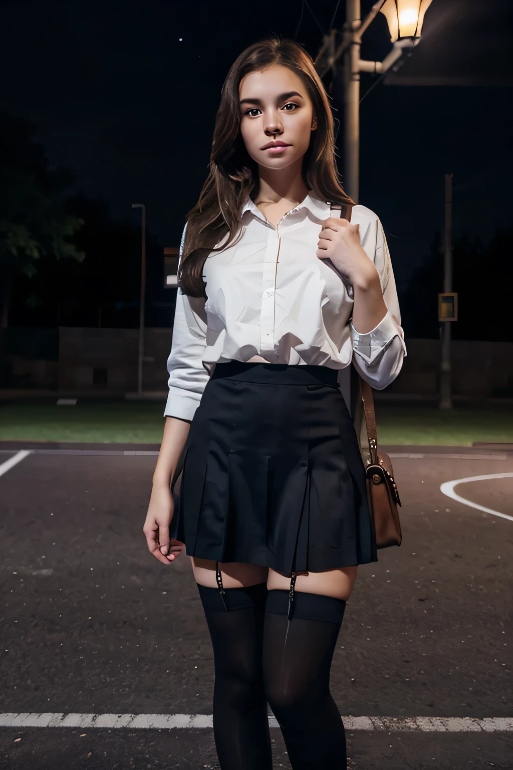NFV, Very very very sexy girl, brunette hair, hairstyle with parting, 18 years, Tedious , holding a school bag, School skirt, knee high stockings, night atmosphere, outside, the stars show, Background of the basketball court, standing under a street lamp,