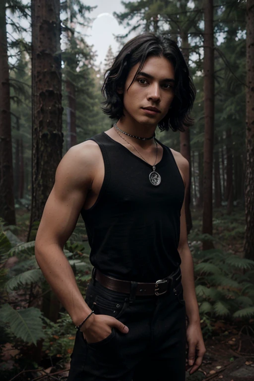 Chai Romruen, Zac Blakely, Wolf, 18 years old, short messy black hair, brown eyes, black sleeveless shirt with black collar, leather belt, dark black jeans, silver moon pendant, black jeans, black misty forest background .