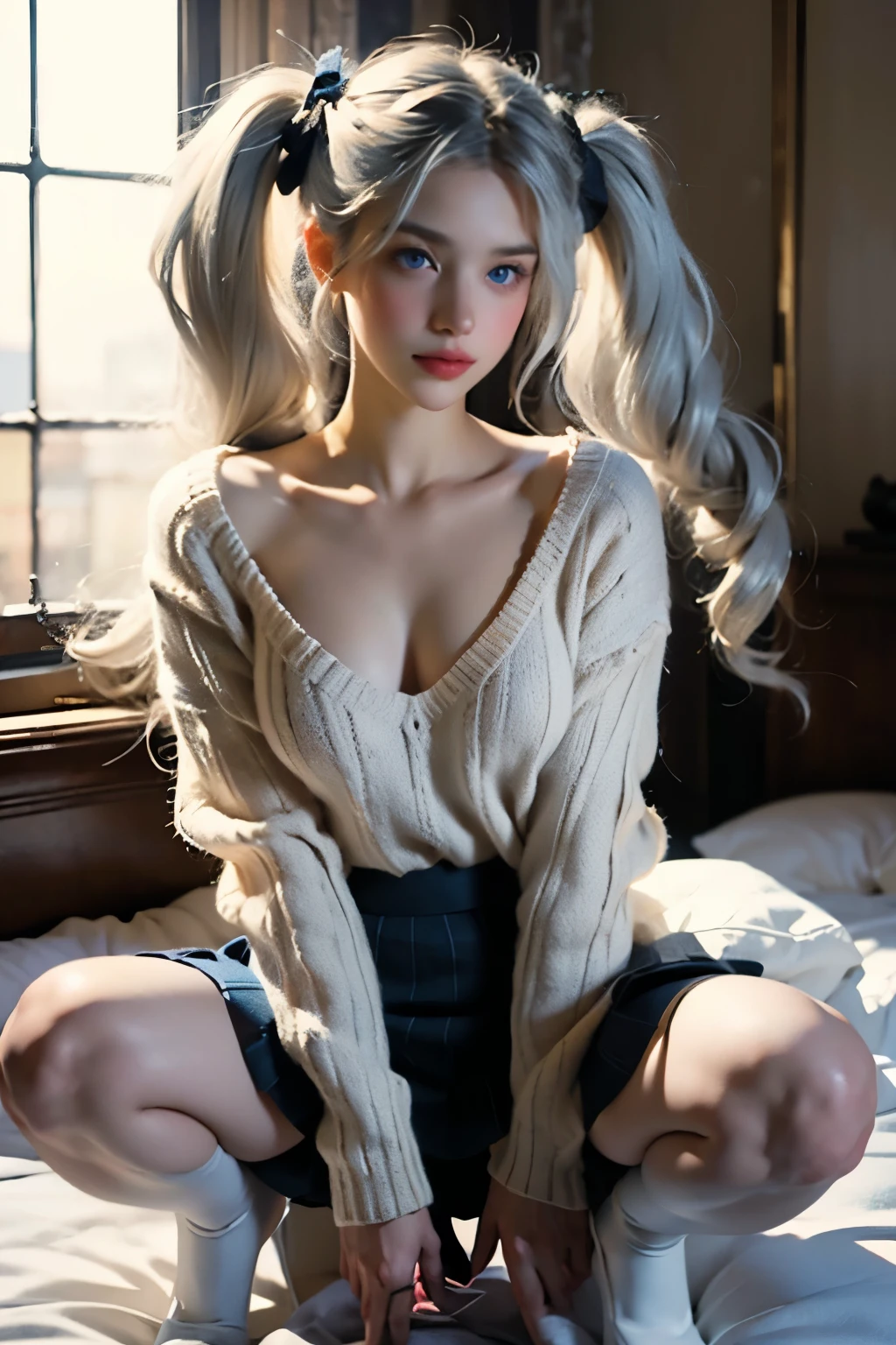 Digital Art, Digital Illustration, ((4K, 8K)), Ultra-detailed, beautiful image, Sharp Image, a close up of a woman in a short skirt and a grey sweater, sweater tucked into skirt, nylon tights, trending at cgstation, anime barbie doll, trending on cgstation, anime girl in real life, anime vtuber full body model, ((long white hair),(blue eyes), twin tails hair, ( ************), (very small round breasts), on bed