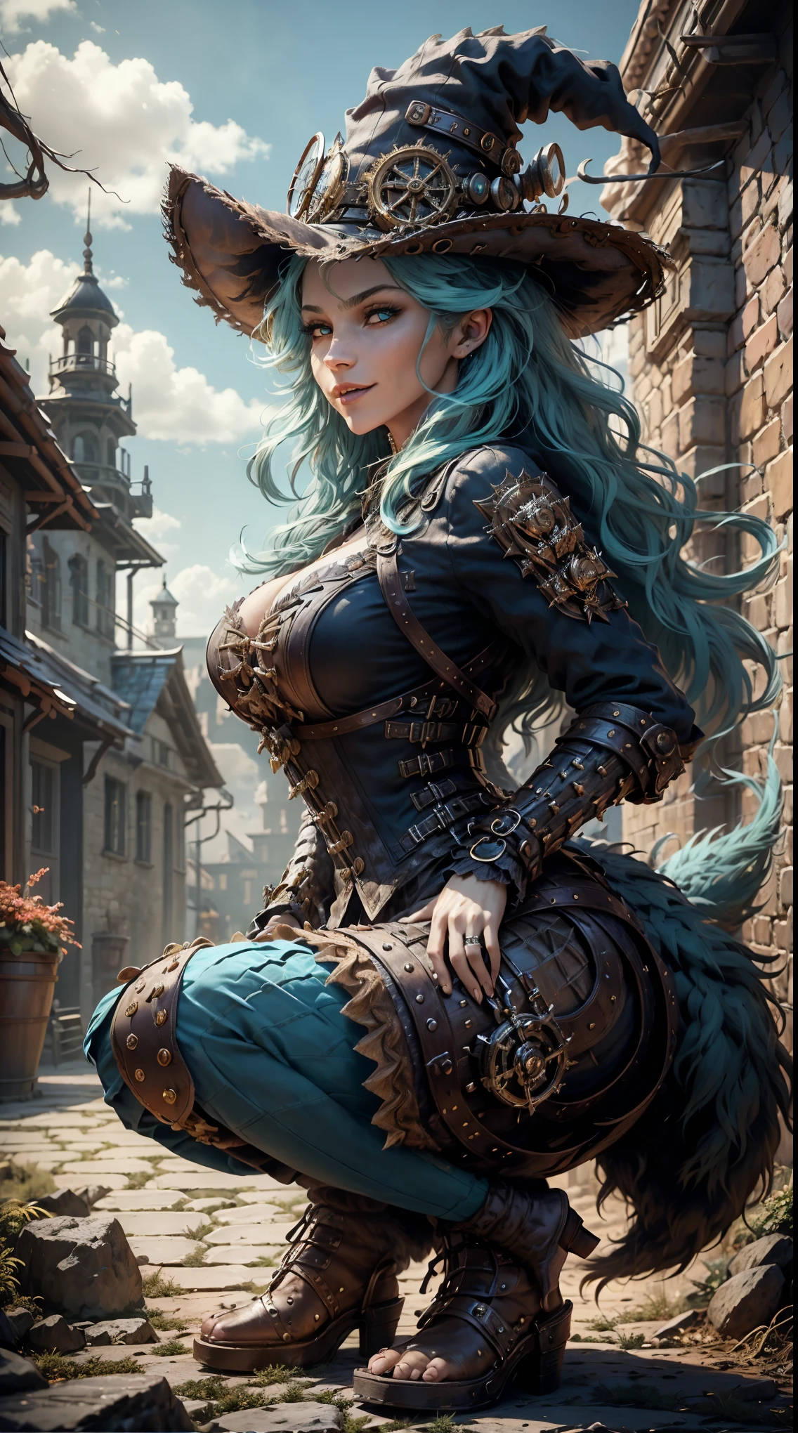 [Best quality, Shaded, extreme detail, highly detailed, ultra detailed, intricate, Realistic], woman, hairy woman, wolf woman, full body portrait, full fur, magic fur, full tail, big signal, magic tail, long hair ( colored hair), hat on the head (steampunk style witch hat), almond-shaped eyes (bright turquoise color), expressive smile, charming face, witch outfit (dark color with magic runes, the outfit is in steampunk style), black tights, shoes (high steampunk boots), the scene takes place in a narrow alley with a sinister and dark atmosphere.