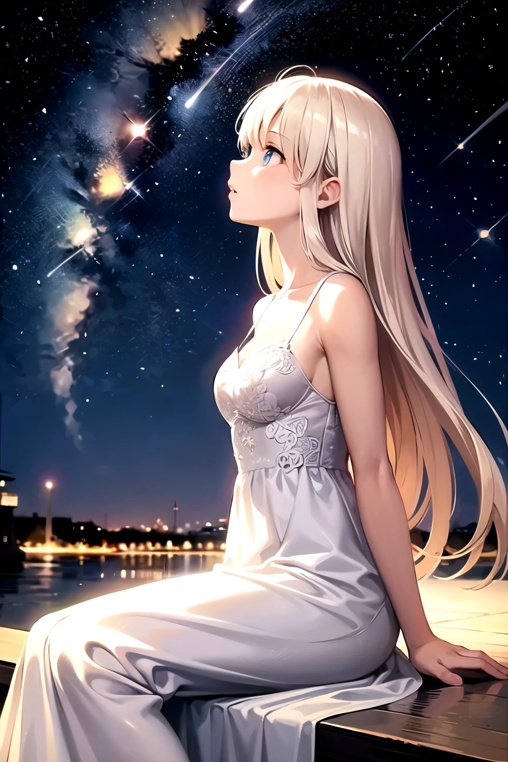 ((highest quality)), ((masterpiece)), (detailed), Perfect Face、profile、girl、one person、Beige Hair、Long Hair、White dress、Looking up at the night sky、shooting star、Cami dress、Blue Eyes、Light in the eyes