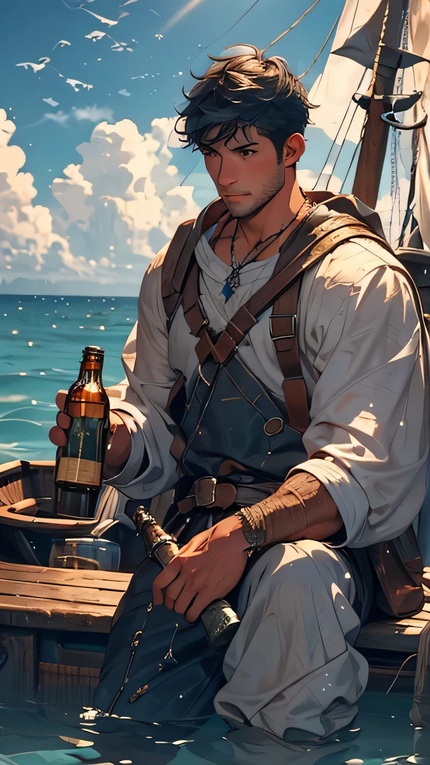 A 20-year-old black-haired male fisherman in shabby white clothes, on a small fishing boat, discovering a message in a bottle, close-up on bottle and face, medieval fantasy theme, rugged texture, dramatic lighting, detailed facial expression, ocean backdrop