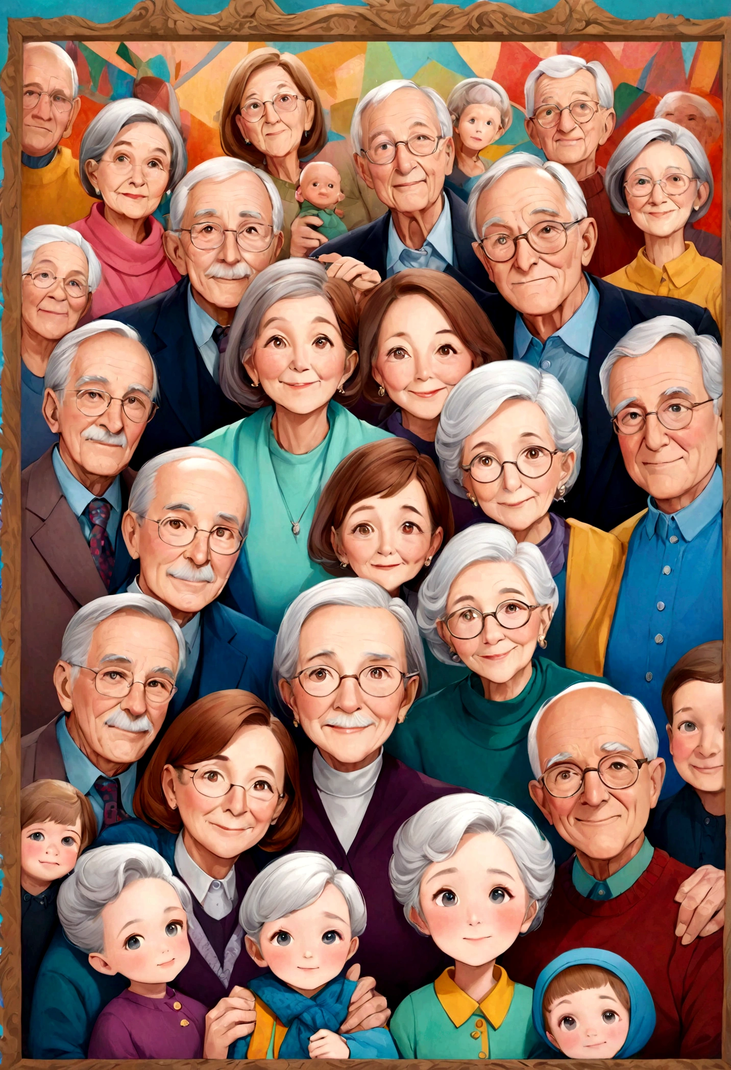 artistic style, a big family including the grandparents, colorfull, family photo