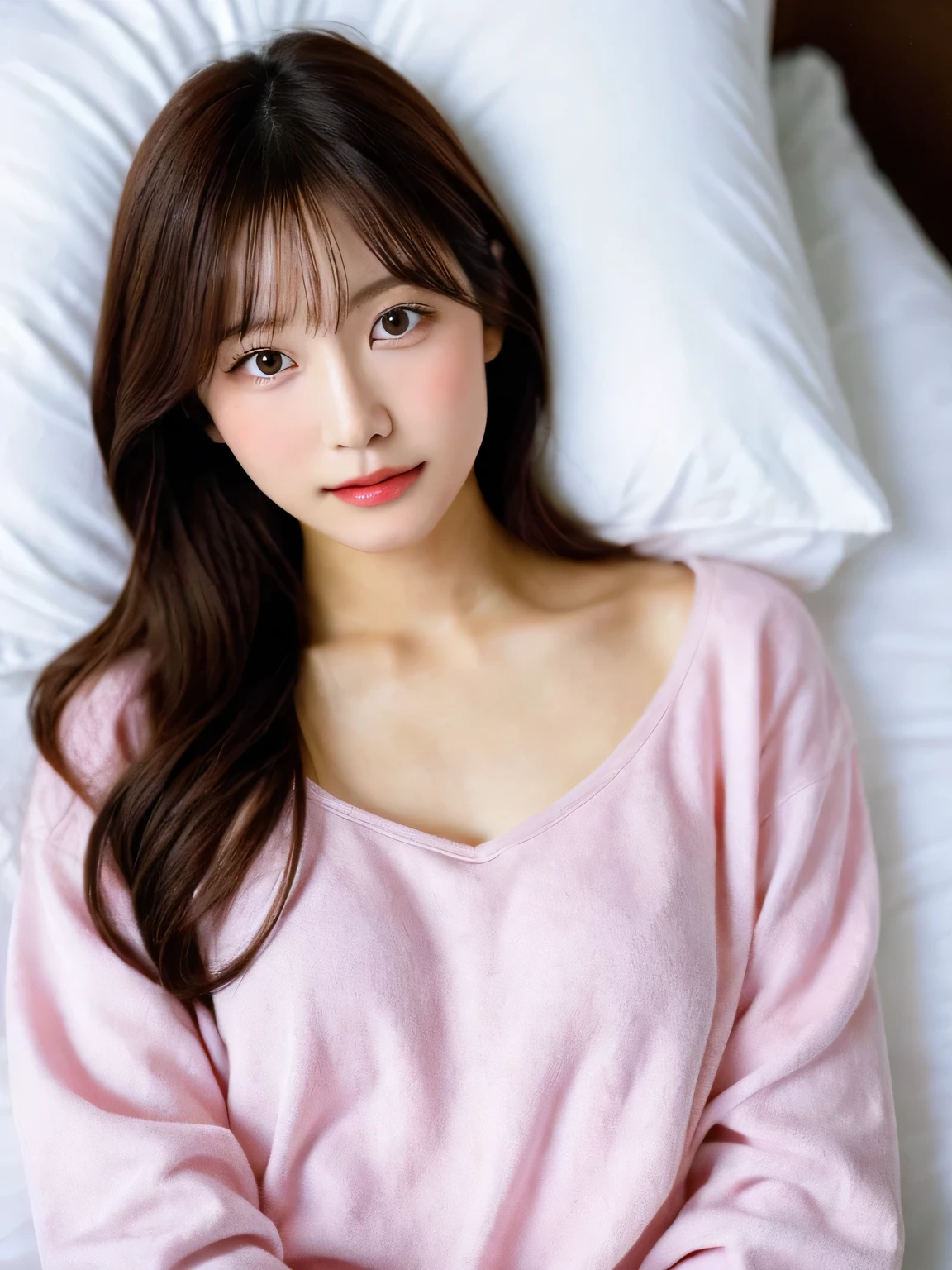 Close-up portrait of a woman lying on the bed wearing pink loungewear、Japanese Model、Young Sensual Gravure Idol、A young and cute gravure idol、Realistic Young Gravure Idol、Real Sensual Gravure Idol、Young Gravure Idol、A sophisticated gravure idol、Yoshitomo Nara、A young and slender gravure idol、The most beautiful Asian girls of all time、