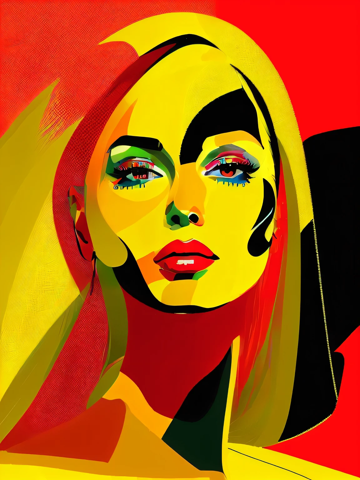 a close up of a woman with a yellow and red face, pop art painting, in style of digital illustration, vector art style, a pop art painting, trending artistic art, vector art, digital art - w 0, pop - art style, in style of digital painting, digital art portrait, digital art - w 700, digital art painting