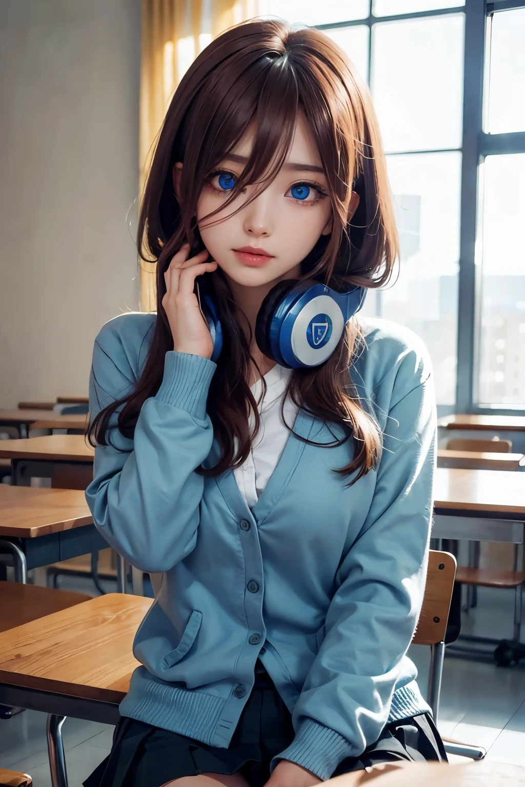 mikunakano, miku nakano, long hair, bangs, blue eyes, brown hair, shirt, hair between eyes, headphones, cardigan, headphones around neck,
BREAK skirt, shirt, long sleeves, white shirt, pantyhose, pleated skirt, black pantyhose, cardigan, green skirt, blue cardigan,
BREAK indoors, classroom,
BREAK looking at viewer, BREAK (masterpiece:1.2), best quality, high resolution, unity 8k wallpaper, (illustration:0.8), (beautiful detailed eyes:1.6), extremely detailed face, perfect lighting, extremely detailed CG, (perfect hands, perfect anatomy),