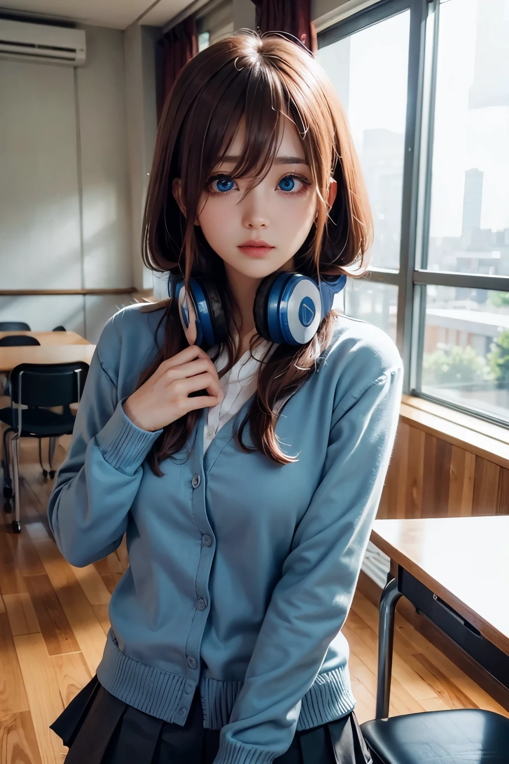 mikunakano, miku nakano, long hair, bangs, blue eyes, brown hair, shirt, hair between eyes, headphones, cardigan, headphones around neck,
BREAK skirt, shirt, long sleeves, white shirt, pantyhose, pleated skirt, black pantyhose, cardigan, green skirt, blue cardigan,
BREAK indoors, classroom,
BREAK looking at viewer, BREAK (masterpiece:1.2), best quality, high resolution, unity 8k wallpaper, (illustration:0.8), (beautiful detailed eyes:1.6), extremely detailed face, perfect lighting, extremely detailed CG, (perfect hands, perfect anatomy),