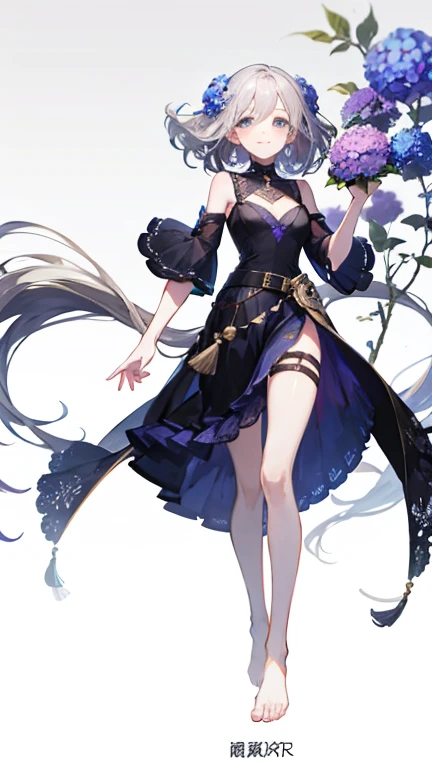  High resolution, (Anime Style:1.1),), ((最high quality)), (Super detailed), (beautiful), solo, beautiful face、cute,(masterpiece、最high quality、high quality)、One Girl、Girl with hydrangea in bloom、The tips of the hair are blue、Gray Hair、Long Hair、Wavy Hair、Short dress、Wind、Standing posture、An illustration、Looks energetic、Open hands、Relaxed pose、西洋Windファンアート，Rich in details, Extremely detailed character design, beautiful全身コンセプトアート, Fantasy、barefoot、profile、belt、string、smile