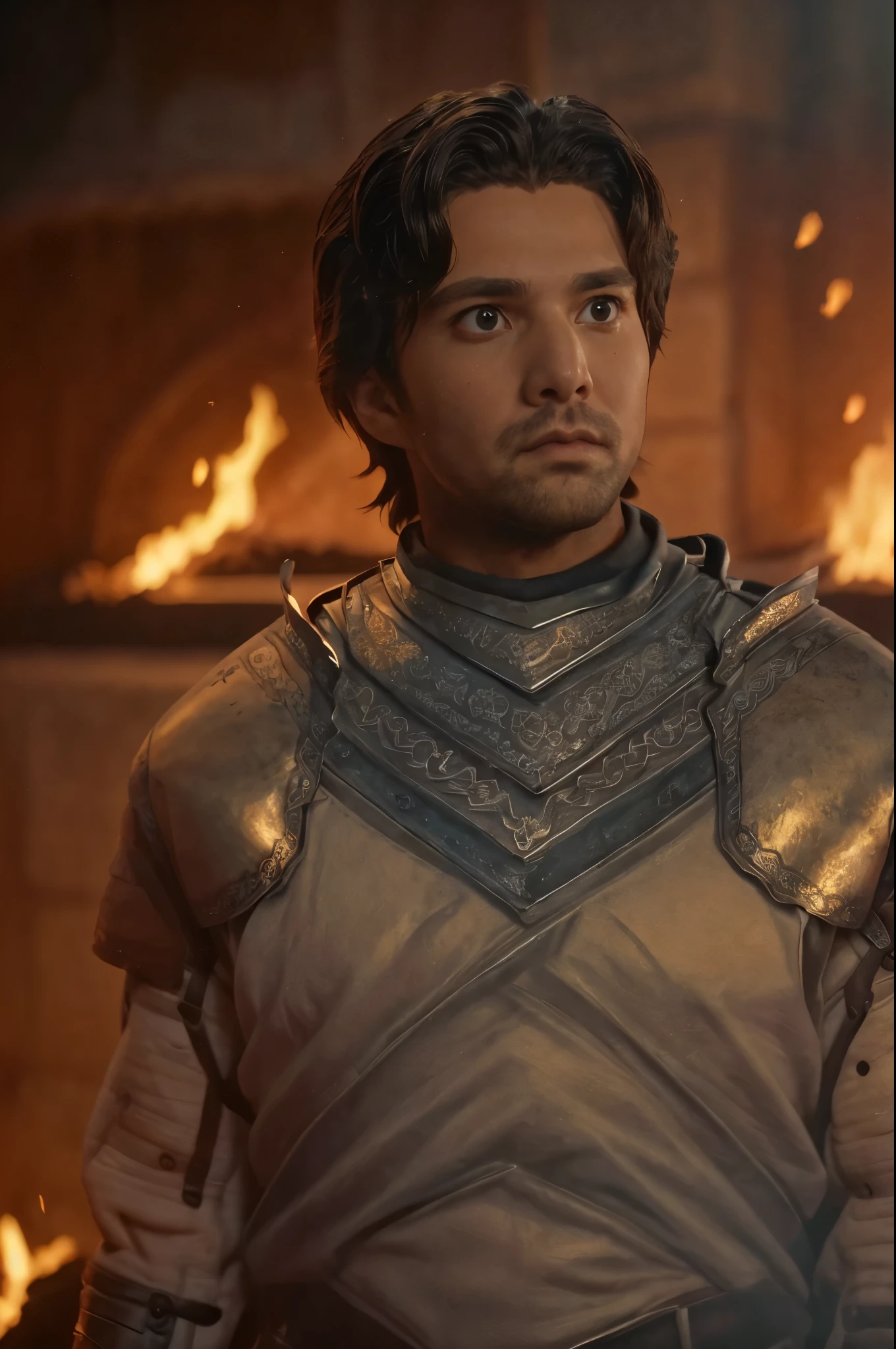 Upper body, (((Cinematic epic poster))) of Criston Cole wearing a silver armor, facial expression, Gothic style, (((detailed face))), (a detailed RAW photo of a ), (master part:1.0), (best quality:1.4), (Ultra Highres:1.2), (photorealistic:1.4), 8K resolution, Canon EOS R5, 50 millimeters, Absurd, Ultra Detailed, sharp focus, Cinematic lighting, detailed face, (ULZZANG-6500-V1.1), detailed skin texture, pale skin, chest round, (pale :0.5), Cinematic lighting. (((Abstract flame background, cinematic lighting )))