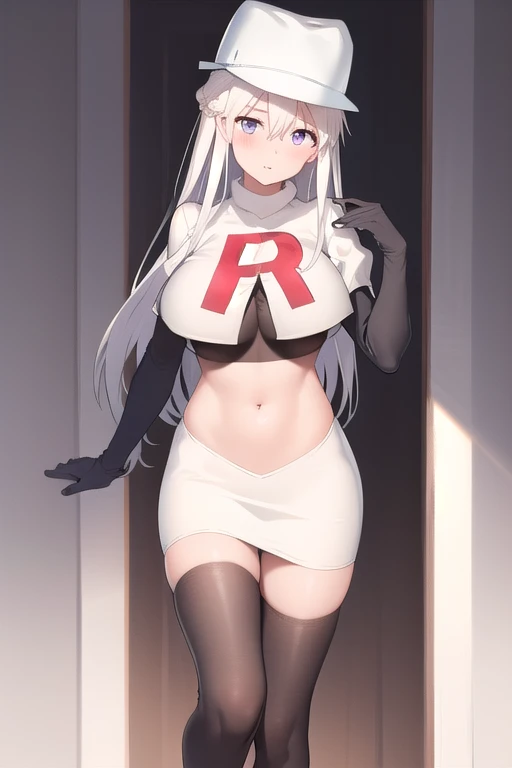 (masterpiece, best quality:1.2),illustration,8k,hd,1girl,solo,long_hair,hat,white hat,white_hair,peaked_cap,purple_eyes,breasts,shirt,very_long_hair,large_breasts,zettai_ryouiki,military_hat,bangs,hair_between_eyes,team rocket,team rocket uniform,white skirt,red letter R,crop top,black thigh-highs,black elbow gloves,blush,