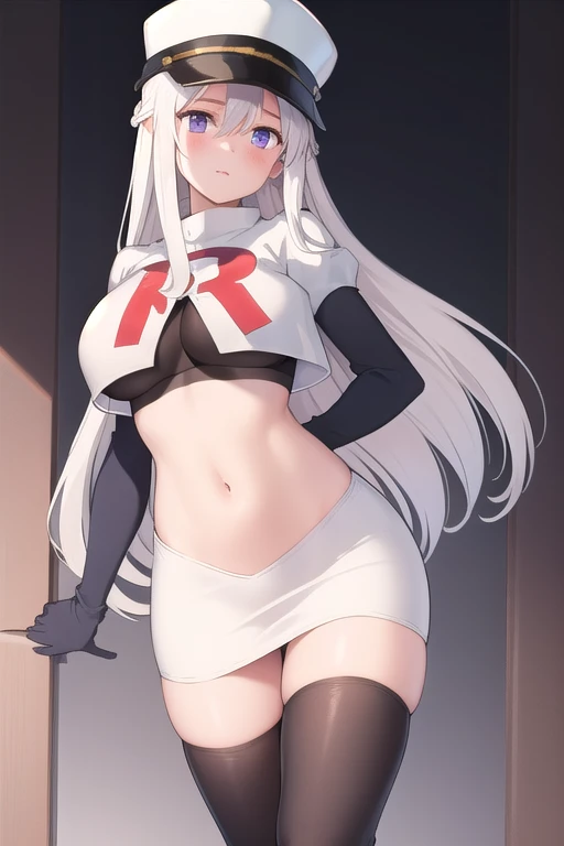 (masterpiece, best quality:1.2),illustration,8k,hd,1girl,solo,long_hair,hat,white hat,white_hair,peaked_cap,purple_eyes,breasts,shirt,very_long_hair,large_breasts,zettai_ryouiki,military_hat,bangs,hair_between_eyes,team rocket,team rocket uniform,white skirt,red letter R,crop top,black thigh-highs,black elbow gloves,blush,