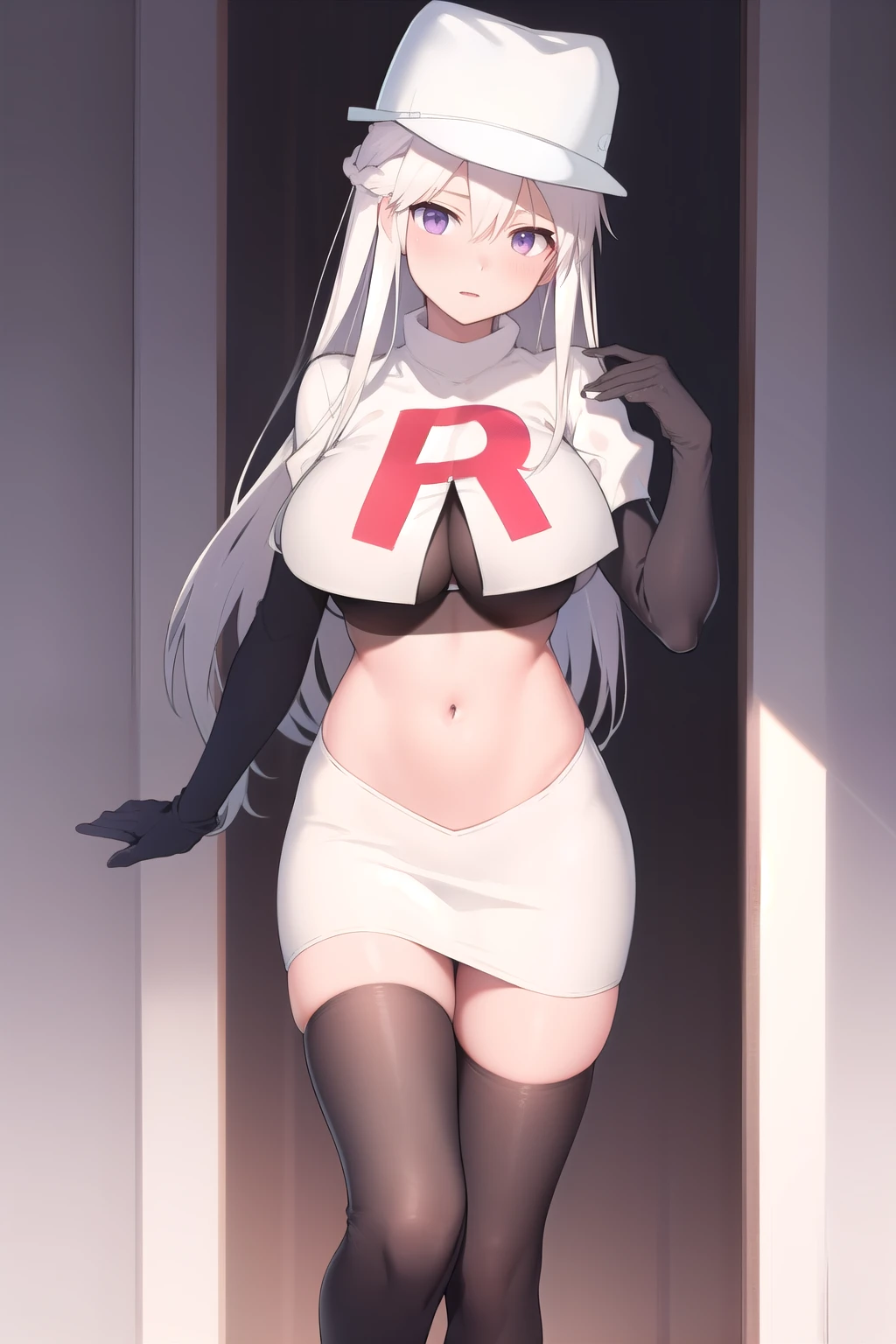 (masterpiece, best quality:1.2),illustration,8k,hd,1girl,solo,long_hair,hat,white hat,white_hair,peaked_cap,purple_eyes,breasts,shirt,very_long_hair,large_breasts,zettai_ryouiki,military_hat,bangs,hair_between_eyes,team rocket,team rocket uniform,white skirt,red letter R,crop top,black thigh-highs,black elbow gloves,blush,