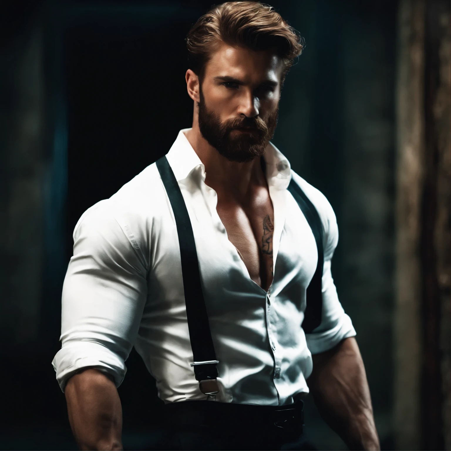 Brennan lee mulligan in a dark dungeon room wearing an open white buttoned shirt and dark trousers. You can see his chest and his muscular arms. He is looking down at you with a dark look in his eyes. He has red hair, a beard and a hairy chest.