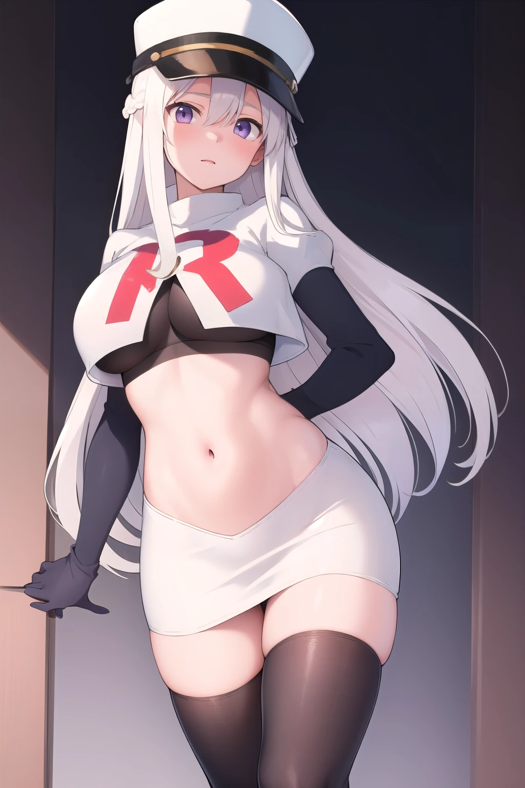 (masterpiece, best quality:1.2),illustration,8k,hd,1girl,solo,long_hair,hat,white hat,white_hair,peaked_cap,purple_eyes,breasts,shirt,very_long_hair,large_breasts,zettai_ryouiki,military_hat,bangs,hair_between_eyes,team rocket,team rocket uniform,white skirt,red letter R,crop top,black thigh-highs,black elbow gloves,blush,