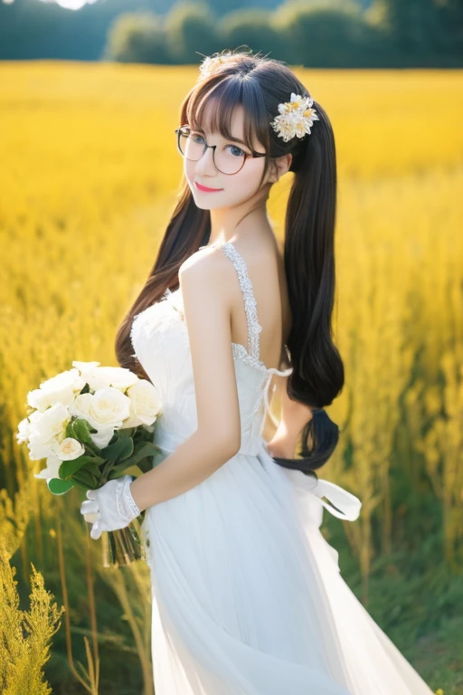 highest quality、masterpiece、High sensitivity、High resolution、Thin body shape、Glasses、Twin tails、Flower Field、bouquet