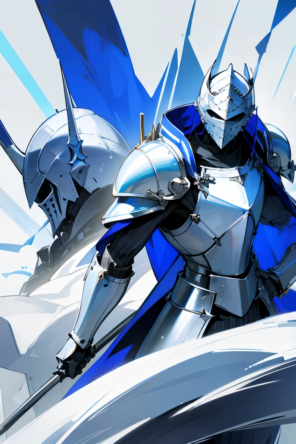Knight in white armor with blue stripes 