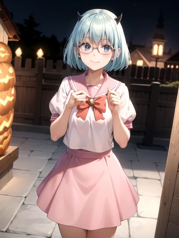 best quality, masterpiece, detailed,
Crocell Kerori,
smile, closed mouth, light blush, happy,
light blue hair, short hair, blue eyes, horns, round eyewear, colored eyelashes,
KeroriSchoolUniform, , serafuku, pink skirt, bow,
standing, looking at the viewer,
halloween, outdoors, night